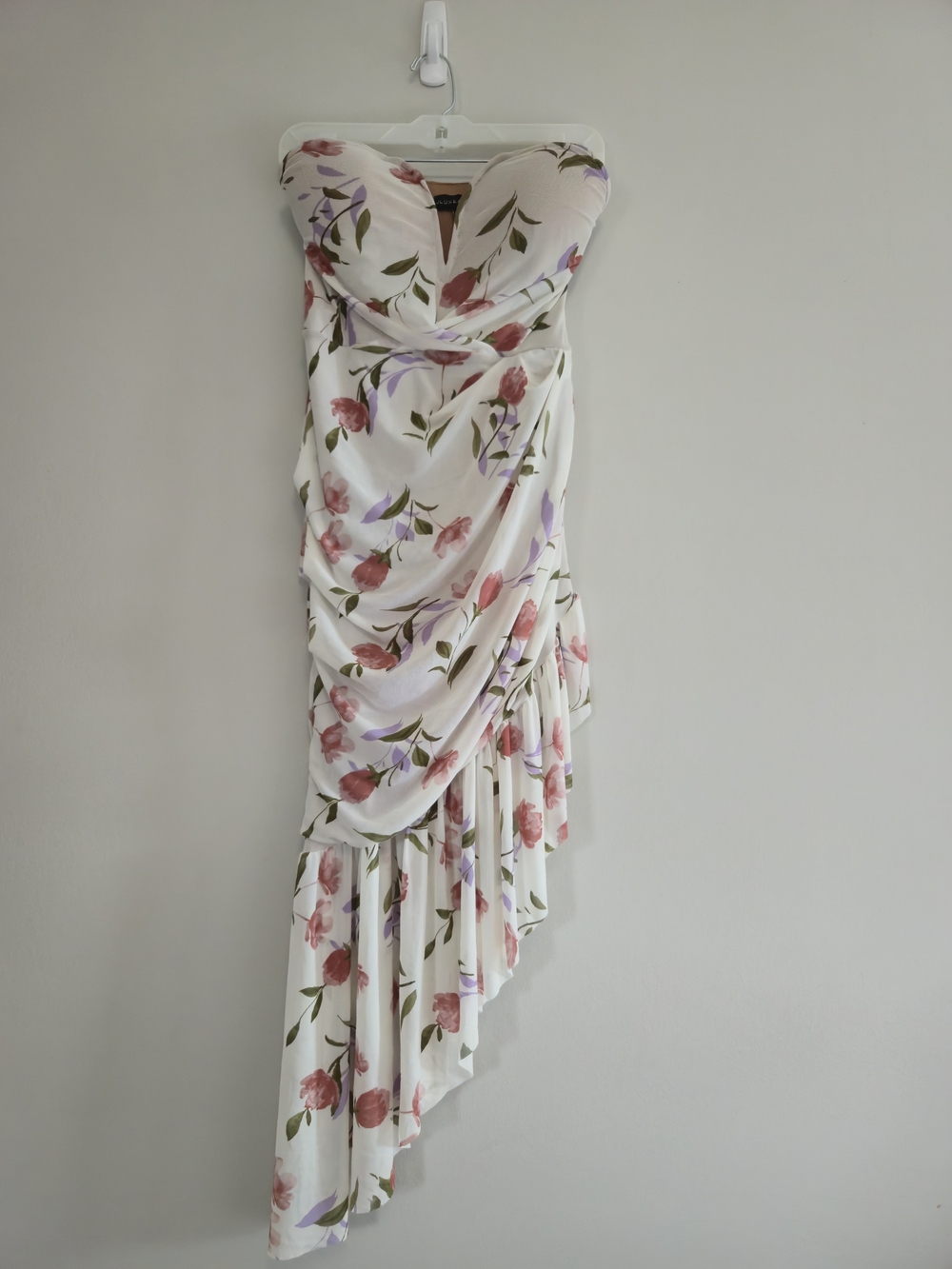 JLUXLABEL White One-Shoulder Floral Draped Asymmetrical Midi Dress